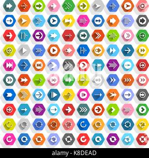 Flat arrow icon with long shadow. Sign on hexagon shapes web button on background. Simple, minimal, solid, plain style. Vector illustration Stock Vector