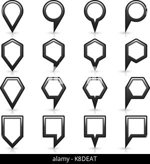 16 map pins sign location icon with gray reflection and shadow in flat style. Set 06 simple black matted shapes on white background. Vector illustrati Stock Vector