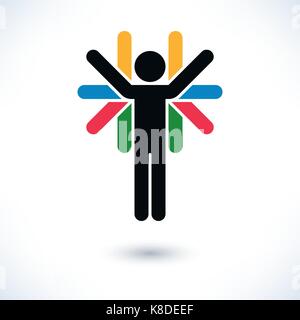 Logotype people color man figure with many hands in flat style. Simple silhouette sign with gray shadow isolated on white background. Graphic design e Stock Vector