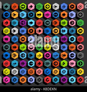 Flat arrow icon with long shadow. Sign on hexagon shapes web button on background. Simple, minimal, solid, plain style. Vector illustration Stock Vector