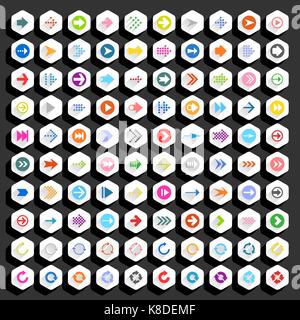 Flat arrow icon with long shadow. Sign on hexagon shapes web button on background. Simple, minimal, solid, plain style. Vector illustration Stock Vector