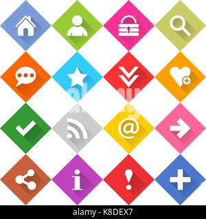 Flat basic icon 16 set rounded rhombus web button on white background. Simple minimalistic mono long shadow style. Vector illustration internet design Stock Vector