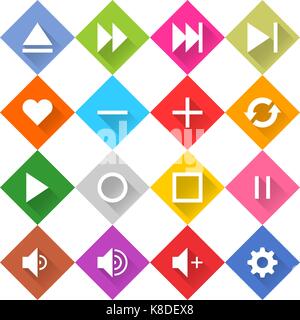 Flat media icon 16 set rounded rhombus web button on white background. Simple minimalistic mono long shadow style. Vector illustration internet design Stock Vector