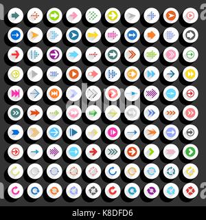 Flat arrow icon with long shadow. Sign on circle shapes web button on background. Simple, minimal, solid, plain style. Vector illustration Stock Vector