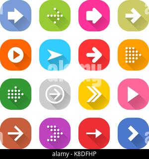 Flat arrow icon 16 set rounded square web button on white background. Simple minimalistic mono long shadow style. Vector illustration internet design  Stock Vector