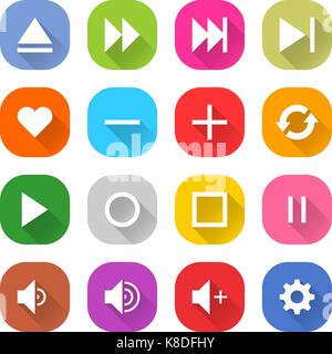 Flat media icon 16 set rounded square web button on white background. Simple minimalistic mono long shadow style. Vector illustration internet design  Stock Vector