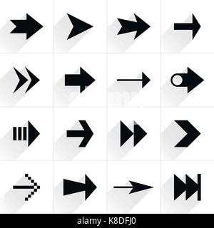 16 arrow flat icon with gray long shadow. Black sign on white background. Tidy, clean, simple, minimal, solid, plain style. Vector illustration web in Stock Vector