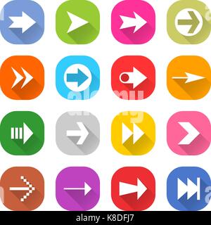 Flat arrow icon 16 set rounded square web button on white background. Simple minimalistic mono long shadow style. Vector illustration internet design  Stock Vector