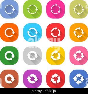 Flat arrow icon 16 set rounded square web button on white background. Refresh, reload, synchronize, loop, reset, rotation, repeat sugn. Vector illustr Stock Vector