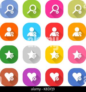 Flat addition icon 16 set rounded square web button on white background. Simple minimalistic mono long shadow style. Vector illustration internet desi Stock Vector