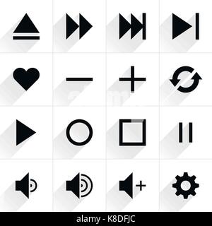 16 media control sign flat icon with gray long shadow. Black sign on white background. Tidy, clean, simple, minimal, solid, plain style. Vector illust Stock Vector