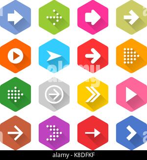 Flat arrow icon 16 set rounded hexagon web button on white background. Simple minimalistic mono long shadow style. Vector illustration internet design Stock Vector