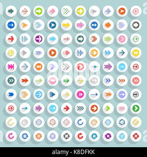 Flat arrow icon with long shadow. Sign on circle shapes web button on background. Simple, minimal, solid, plain style. Vector illustration Stock Vector