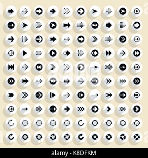 Flat arrow icon with long shadow. Sign on circle shapes web button on background. Simple, minimal, solid, plain style. Vector illustration Stock Vector