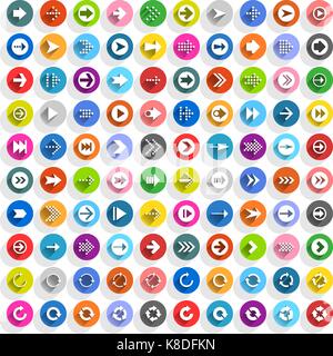 Flat arrow icon with long shadow. Sign on circle shapes web button on background. Simple, minimal, solid, plain style. Vector illustration Stock Vector