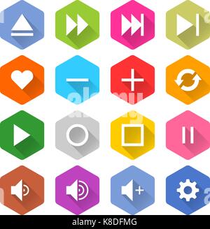 Flat media icon 16 set rounded hexagon web button on white background. Simple minimalistic mono long shadow style. Vector illustration internet design Stock Vector