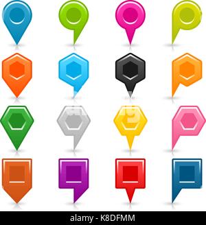 16 blank map pins sign location icon with shadow reflection on white background. Set 02 Blue green pink orange gray black yellow brown violet colors s Stock Vector