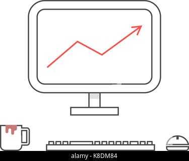 outline office workplace with cup of cofee. concept of thin line device, workstation, education, businessman, leader, achievement, research, diagram.  Stock Vector
