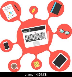 set of office objects in red bubble Stock Vector