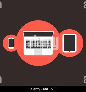 phone notebook and tablet in red circles Stock Vector
