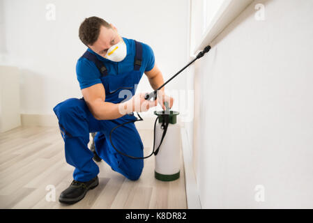 Male worker spraying pesticide on window corner at home Stock Photo