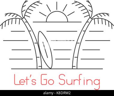 thin line beach with surfboard Stock Vector