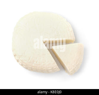 Top view of brined cheese wheel isolated on white Stock Photo