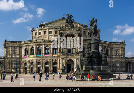 Dresden, theatre square with Semperoper and equestrian statue king Johann, Theaterplatz mit Semperoper und Reiterstandbild Koenig Johann Stock Photo