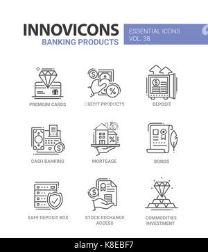 Banking Products - modern vector line design icons set. Premium card, credit product, deposit, cash, mortgage, bond, safe box, stock exchange access,  Stock Vector