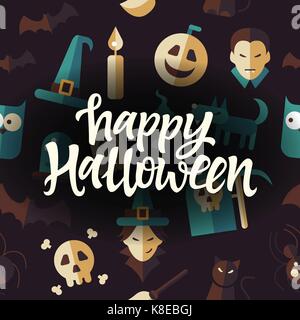 Happy Halloween - celebration poster on seamless dark background with scary symbols - owl, vampire, witch hat and broom, pumpkin, black cat, spiders,  Stock Vector