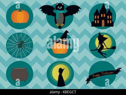 Halloween elements- bat, pumpkin, witch and spider on blue background. Stock Vector
