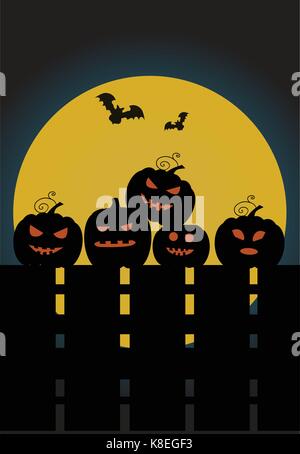 Halloween pumpkins on a fence in the background of the moon Stock Vector