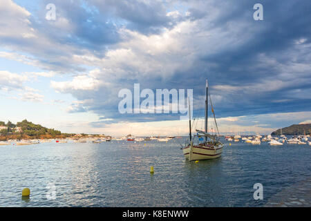 Tourist boat in the port of Cadaques, Costa Brava, province Girona, Catalonia, Spain Stock Photo