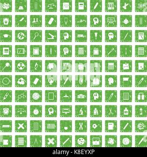 100 learning icons set grunge green Stock Vector