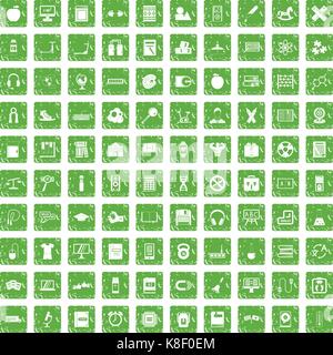 100 learning kids icons set grunge green Stock Vector
