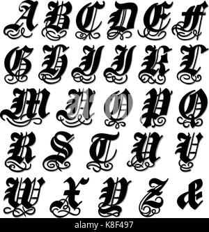 Complete uppercase Gothic alphabet in a bold black doodle with ornamental swirls and flourishes, vector illustration isolated on white Stock Vector