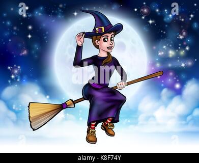 Halloween Witch Flying on Broomstick Background Stock Vector