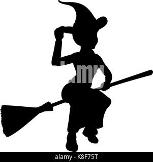 Halloween Witch Flying On Broomstick Silhouette Stock Vector