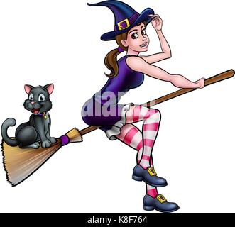 Witch Cartoon Character Flying On Broomstick Stock Vector