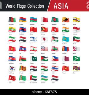 Flags of Asia, waving in the wind - Vector world flags collection Stock Vector