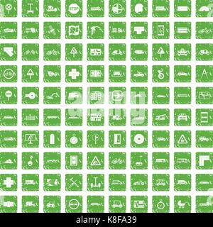 100 location icons set grunge green Stock Vector