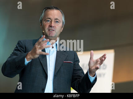 Dresden, Germany. 19th Sep, 2017. Hannes Ametsreiter, CEO of Vodafone Germany speaks during the IEEE 5G Summit Conference in Dresden, Germany, 19 September 2017. The conference is a platform of exchange for some 400 scientists and representatives of the industry in order to further the fifth generation of mobile networks (5G). Credit: Monika Skolimowska/dpa-Zentralbild/dpa/Alamy Live News Stock Photo