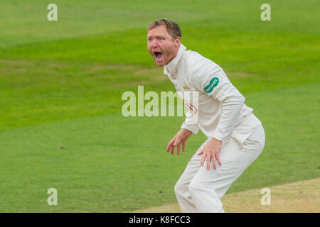 London, UK. 19th Sep, 2017. Gareth Batty appeal bowling for Surrey against Somerset on day one of the Specsavers County Championship match at the Oval. Credit: David Rowe/Alamy Live News Stock Photo