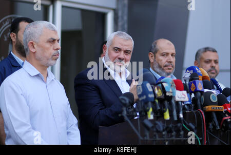 Rafah, Gaza Strip, Palestinian Territory. 19th Sep, 2017. Hamas Chief Ismail Haniyeh speaks to the press upon his arrival on the Palestinian side of the Rafah border crossing, in the southern Gaza Strip on September 19, 2017. Haniyeh said on Tuesday evening that his movement is ready to receive the Palestinian Unity Government in Gaza during a press conference held immediately after returning to the Gaza Strip from Cairo, he said: 'To show Hamas' seriousness to bring about reconciliation, we invite the unity government to come and assume its duties in Gaza unimpeded (Credit Image: © Stock Photo