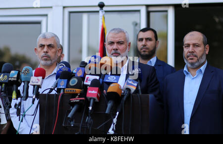 Rafah, Gaza Strip, Palestinian Territory. 19th Sep, 2017. Hamas Chief Ismail Haniyeh speaks to the press upon his arrival on the Palestinian side of the Rafah border crossing, in the southern Gaza Strip on September 19, 2017. Haniyeh said on Tuesday evening that his movement is ready to receive the Palestinian Unity Government in Gaza during a press conference held immediately after returning to the Gaza Strip from Cairo, he said: 'To show Hamas' seriousness to bring about reconciliation, we invite the unity government to come and assume its duties in Gaza unimpeded (Credit Image: © Stock Photo