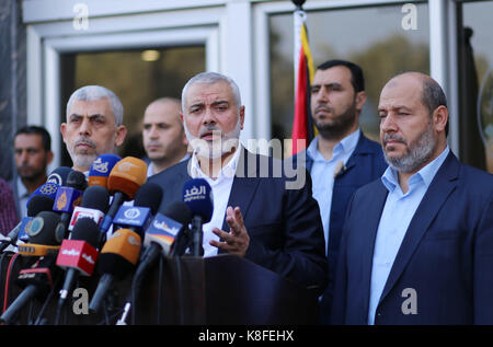 Rafah, Gaza Strip, Palestinian Territory. 19th Sep, 2017. Hamas Chief Ismail Haniyeh speaks to the press upon his arrival on the Palestinian side of the Rafah border crossing, in the southern Gaza Strip on September 19, 2017. Haniyeh said on Tuesday evening that his movement is ready to receive the Palestinian Unity Government in Gaza during a press conference held immediately after returning to the Gaza Strip from Cairo, he said: 'To show Hamas' seriousness to bring about reconciliation, we invite the unity government to come and assume its duties in Gaza unimpeded (Credit Image: © Stock Photo