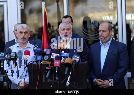 Rafah, Gaza Strip, Palestinian Territory. 19th Sep, 2017. Hamas Chief Ismail Haniyeh speaks to the press upon his arrival on the Palestinian side of the Rafah border crossing, in the southern Gaza Strip on September 19, 2017. Haniyeh said on Tuesday evening that his movement is ready to receive the Palestinian Unity Government in Gaza during a press conference held immediately after returning to the Gaza Strip from Cairo, he said: 'To show Hamas' seriousness to bring about reconciliation, we invite the unity government to come and assume its duties in Gaza unimpeded (Credit Image: © Stock Photo