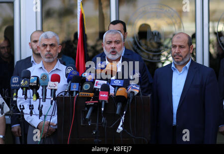 Rafah, Gaza Strip, Palestinian Territory. 19th Sep, 2017. Hamas Chief Ismail Haniyeh speaks to the press upon his arrival on the Palestinian side of the Rafah border crossing, in the southern Gaza Strip on September 19, 2017. Haniyeh said on Tuesday evening that his movement is ready to receive the Palestinian Unity Government in Gaza during a press conference held immediately after returning to the Gaza Strip from Cairo, he said: 'To show Hamas' seriousness to bring about reconciliation, we invite the unity government to come and assume its duties in Gaza unimpeded (Credit Image: © Stock Photo