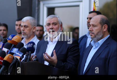 Rafah, Gaza Strip, Palestinian Territory. 19th Sep, 2017. Hamas Chief Ismail Haniyeh speaks to the press upon his arrival on the Palestinian side of the Rafah border crossing, in the southern Gaza Strip on September 19, 2017. Haniyeh said on Tuesday evening that his movement is ready to receive the Palestinian Unity Government in Gaza during a press conference held immediately after returning to the Gaza Strip from Cairo, he said: 'To show Hamas' seriousness to bring about reconciliation, we invite the unity government to come and assume its duties in Gaza unimpeded (Credit Image: © Stock Photo