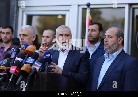 Rafah, Gaza Strip, Palestinian Territory. 19th Sep, 2017. Hamas Chief Ismail Haniyeh speaks to the press upon his arrival on the Palestinian side of the Rafah border crossing, in the southern Gaza Strip on September 19, 2017. Haniyeh said on Tuesday evening that his movement is ready to receive the Palestinian Unity Government in Gaza during a press conference held immediately after returning to the Gaza Strip from Cairo, he said: 'To show Hamas' seriousness to bring about reconciliation, we invite the unity government to come and assume its duties in Gaza unimpeded (Credit Image: © Stock Photo